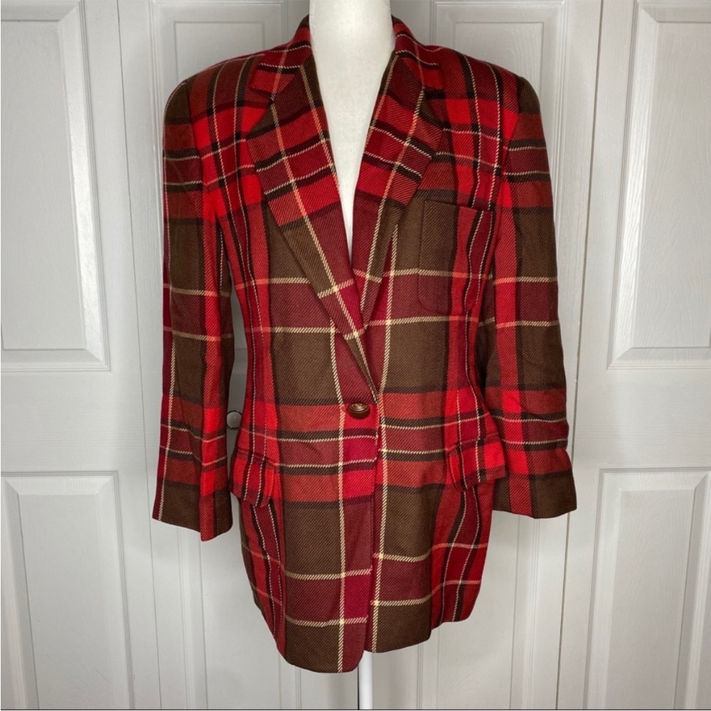 Linda Allard X Ellen Tracy Long Plaid Blazer Red 6
